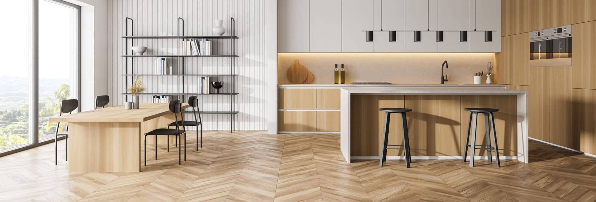 Modern kitchen with herringbone hardwood flooring from Richmond Flooring Showroom in Mount Pleasant, Utah